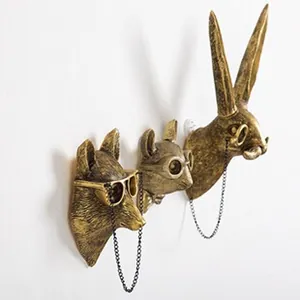 Decorative vintage gold animal head wall hooks set featuring fox cat rabbit with glasses