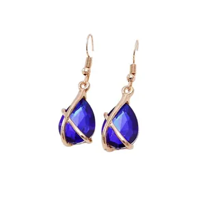 Elegant blue water drop crystal earrings with golden crisscross hollow design for women