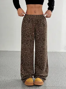 Pantaloni a Gamba Larga in Stile Americano Streetwear con Stampa Leopardata Mimetica a Quadretti Vita Alta Coulisse Casual per Giovani