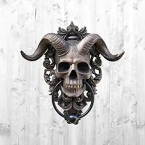 Detailed close-up view of a gothic resin horned skull door knocker wall decor ornament