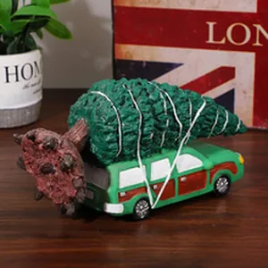Vintage green station wagon with Christmas tree resin ornament for home desktop decor