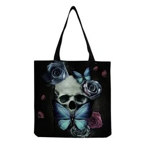 Detailed view of large capacity tote bag featuring artistic skull and blue butterfly print.
