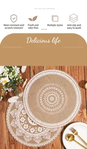 Bohemian style round printed polyester-linen placemat on wooden table with elegant cutlery