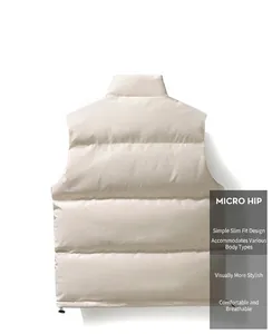 Detailed back view of a minimalist beige men's puffer vest with horizontal quilting design