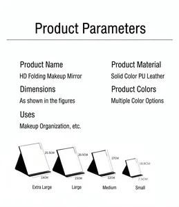 Detailed dimensions and material specifications for portable folding PU leather makeup mirrors