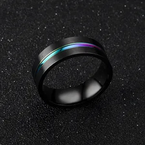 Close-up of matte black stainless steel ring with rainbow stripe inlay details