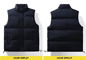 Detailed front and back views of a dark navy blue men's winter padded puffer vest jacket.