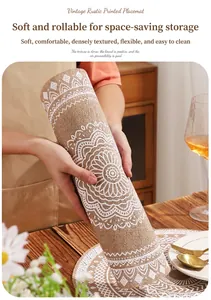 Close-up showing a rolled bohemian mandala printed round heat resistant jute placemat