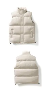 Front and back macro view of men's stylish winter warm puffer vest in beige white