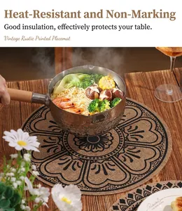 Close-up of a rustic bohemian round placemat protecting a wooden table from a hot pot