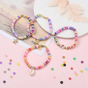 Colorful Bohemian clay disc bead bracelets with starfish and shell pendants set
