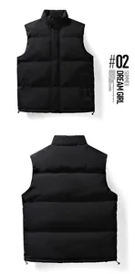Detailed view showing both front and back of a sleek black men's puffer vest jacket.