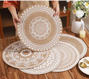Detailed view of Bohemian mandala printed round polyester-linen placemats on wood