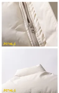 Close-up details of cream puffer vest showing high-quality zipper and collar.