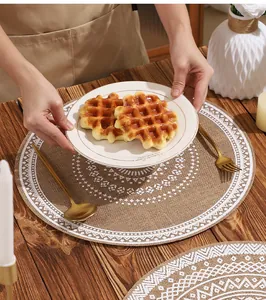 Bohemian printed round placemat displayed in a rustic dining setting with waffles