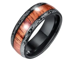 Black titanium steel wedding band ring with rustic wood inlay and silver floral engraving