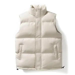 Stylish men's warm beige puffer vest with stand collar and snap button closure for winter