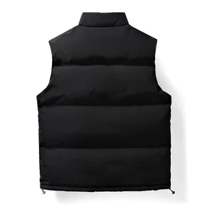 Professional back view of men's black winter puffer vest with stand collar and drawstring
