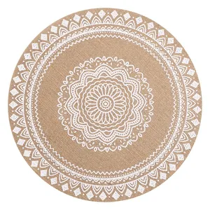 Large bohemian round placemat with intricate white mandala print on durable burlap texture