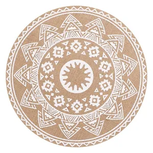 Round Bohemian style polyester-linen placemat with white geometric tribal print