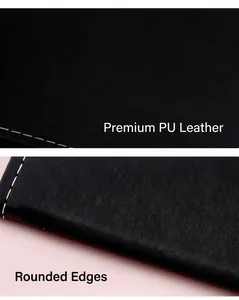 Close-up detail showing premium black lychee-grain PU leather and smooth rounded edges.