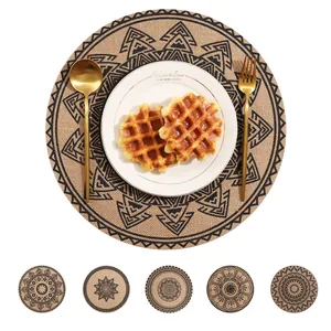 Round Bohemian printed linen-style placemat set with tribal patterns for dining table