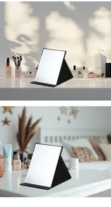 Portable foldable makeup mirror with a black leather cover shown in lifestyle scenes