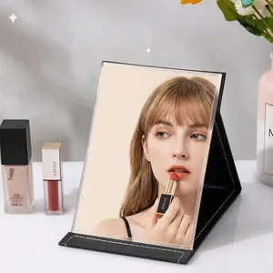Professional portable foldable makeup mirror with premium black leather protective stand