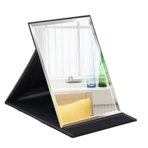 Portable large folding desktop makeup mirror with premium black leather protective case stand