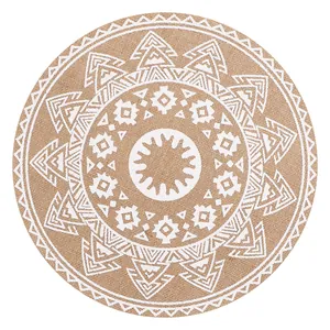 Round bohemian style placemat with white mandala print on natural linen texture