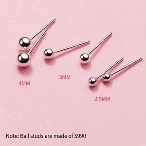 High-polished S990 sterling silver ball stud earrings in 2.5mm 3mm and 4mm sizes
