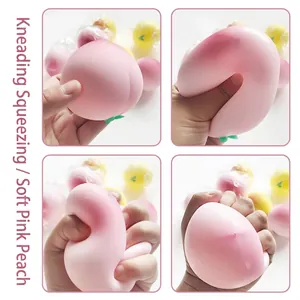 Soft pink peach stress relief squishy toy being squeezed by a hand in a four-grid view