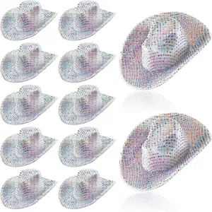 Mini Holographic Neon Cowgirl Hats Polyester Disco Party Decorations Sparkling Sequins Western Cowboy Hats For Festive Celebrations Women Accessories