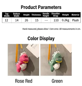 Detailed size chart and color options for the cute plush dinosaur crossbody bag for kids