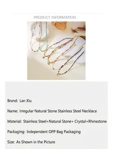 Product specification card for natural stone and stainless steel beaded necklace.