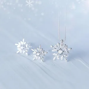 Macro shot of S925 silver snowflake necklace and earring set with crystals