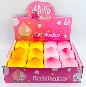 Box of 12 soft and slow rising peach squishy stress relief toys in pink and yellow colors