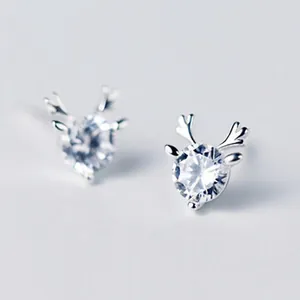 Detailed view of elegant silver reindeer antler stud earrings with sparkling round zirconia