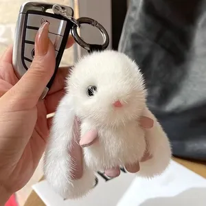 Soft white faux mink fur bunny plush keychain for bag charm and car keys accessory