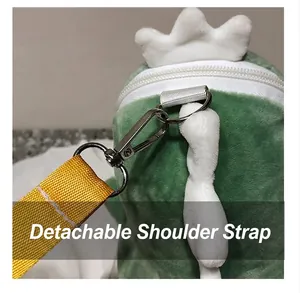 Close-up of the detachable metal clasp and yellow strap on a plush dinosaur bag