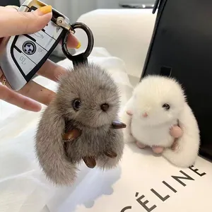 Handmade Faux Mink Fur Bunny Keychain For Women Cute Plush Rabbit Bag Pendant High-End Car Key Ring Accessory Birthday Gift