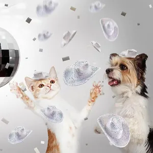 Mini holographic glitter cowboy hats for pets and disco themed party decorations