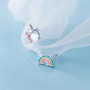 Detailed macro view of S925 silver rainbow stud earring on soft blue background