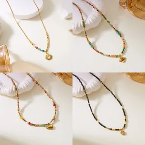 Bohemian natural stone beaded necklaces with sun elephant and flower charms for women