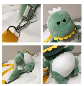Detail views of a cute green plush dinosaur crossbody bag showing strap and texture