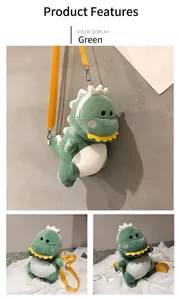 Close-up detail of a green plush dinosaur crossbody bag with a vibrant yellow strap