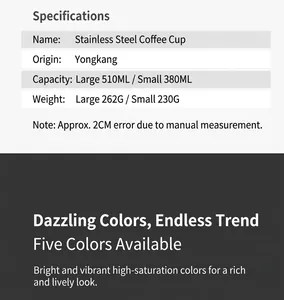 Technical specifications for stainless steel coffee cup showing capacity and weight details