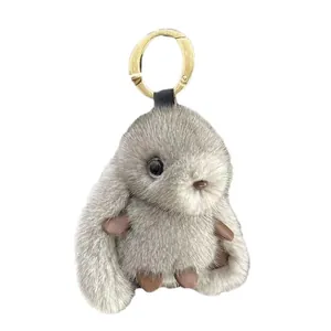 Cute handmade fluffy faux mink fur bunny keychain with a premium gold metal clasp