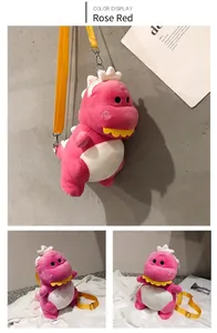 Detailed view of the cute rose red plush dinosaur cross-body bag with yellow strap