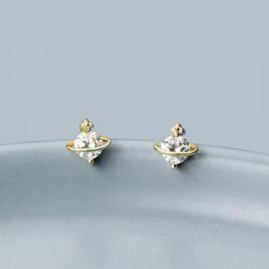 Detailed view of S925 silver stud earrings with sparkling Saturn-inspired planet design